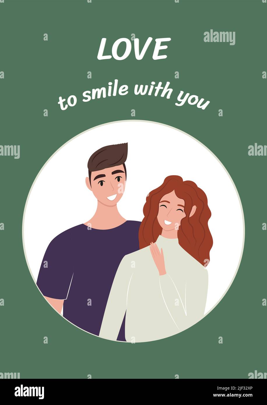 Donna uomo in piedi insieme piatto. Giovane uomo felice e donna stanno divertendosi e ridendo. Modelli per la progettazione, cartolina. Carino illustrazione vettoriale in f Illustrazione Vettoriale