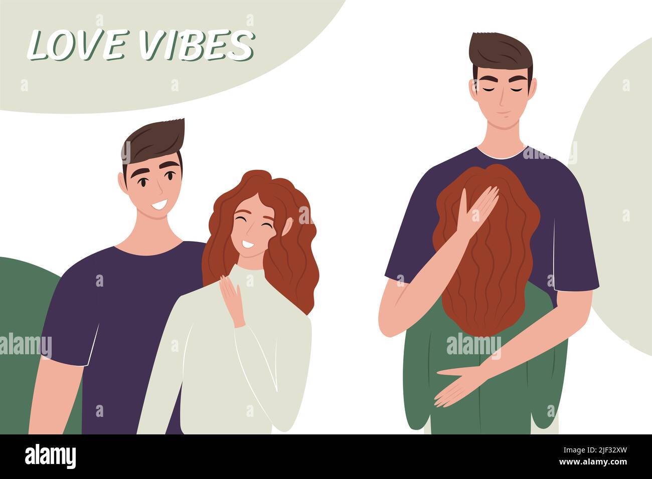 Amore Vibes set. Giovane uomo felice e donna stanno divertendosi, ridendo, abbracciando. Coppia innamorata. Modello per la progettazione. Carino illustrazione vettoriale in piano sty Illustrazione Vettoriale