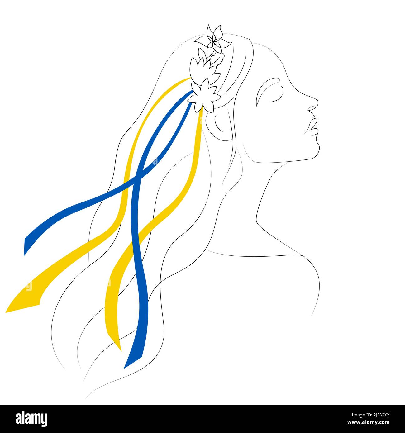 Ucraina donna linea art. Ucraino donna con un cerchio di fiori sulla testa e nastri blu e giallo nei capelli. Illustrazione vettoriale in lineare s. Illustrazione Vettoriale