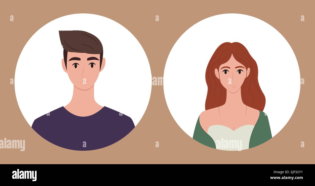 Personaggi diversi ritratti set piatto. Volti, avatar, ritratti di un uomo e di una donna. Modelli per la progettazione. Illustrazione vettoriale in stile piatto. Illustrazione Vettoriale