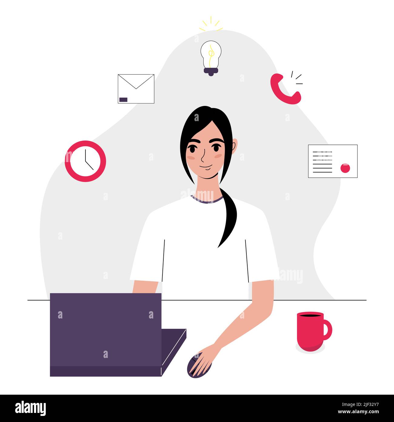 Concetto di multitasking femminile piatto. Giovane donna che lavora su un computer. Illustrazione vettoriale in stile piatto. Illustrazione Vettoriale