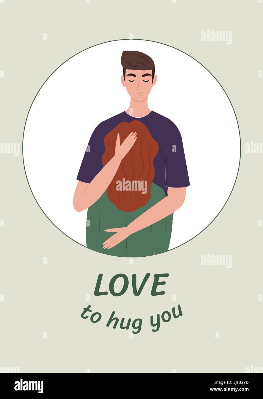 Uomo donna sostegno concetto piatto. Giovane uomo che sostiene, abbraccia e conforgia una donna. Cartolina carina. Illustrazione vettoriale in stile piatto. Illustrazione Vettoriale