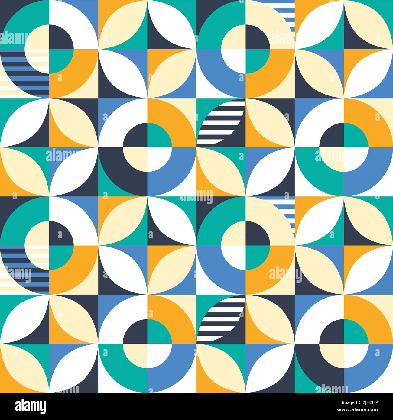 Motivo vettoriale senza cuciture ispirato a Bauhaus con forme geometriche rotonde, ornamento moderno astratto perfetto per carta da parati o tessuti, stampa in tessuto Illustrazione Vettoriale