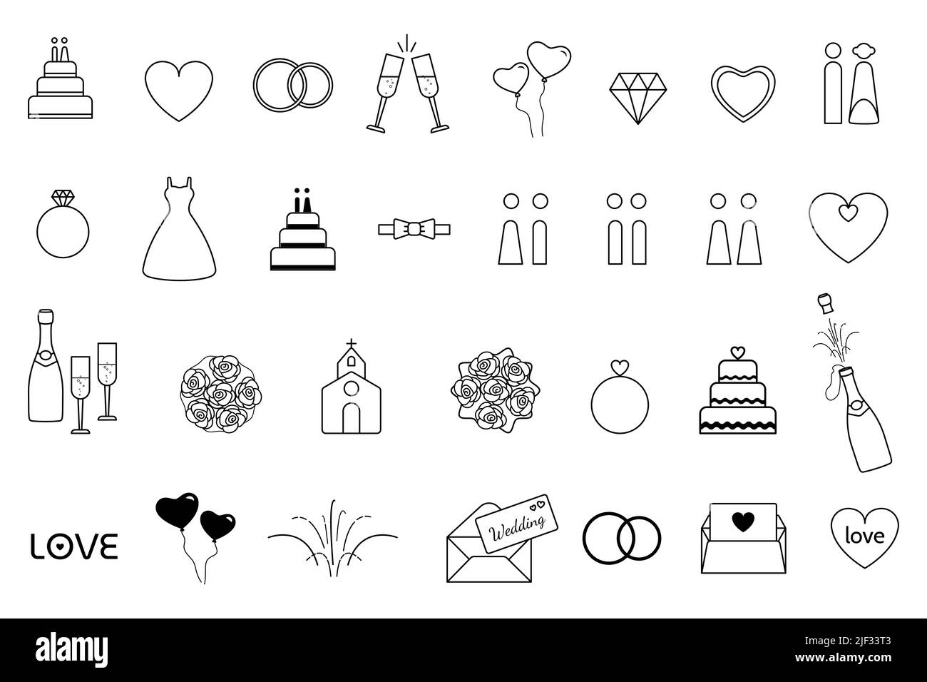 Icona Modern Wedding impostata per applicazioni Web e mobili. Illustrazione vettoriale stile contorno Illustrazione Vettoriale