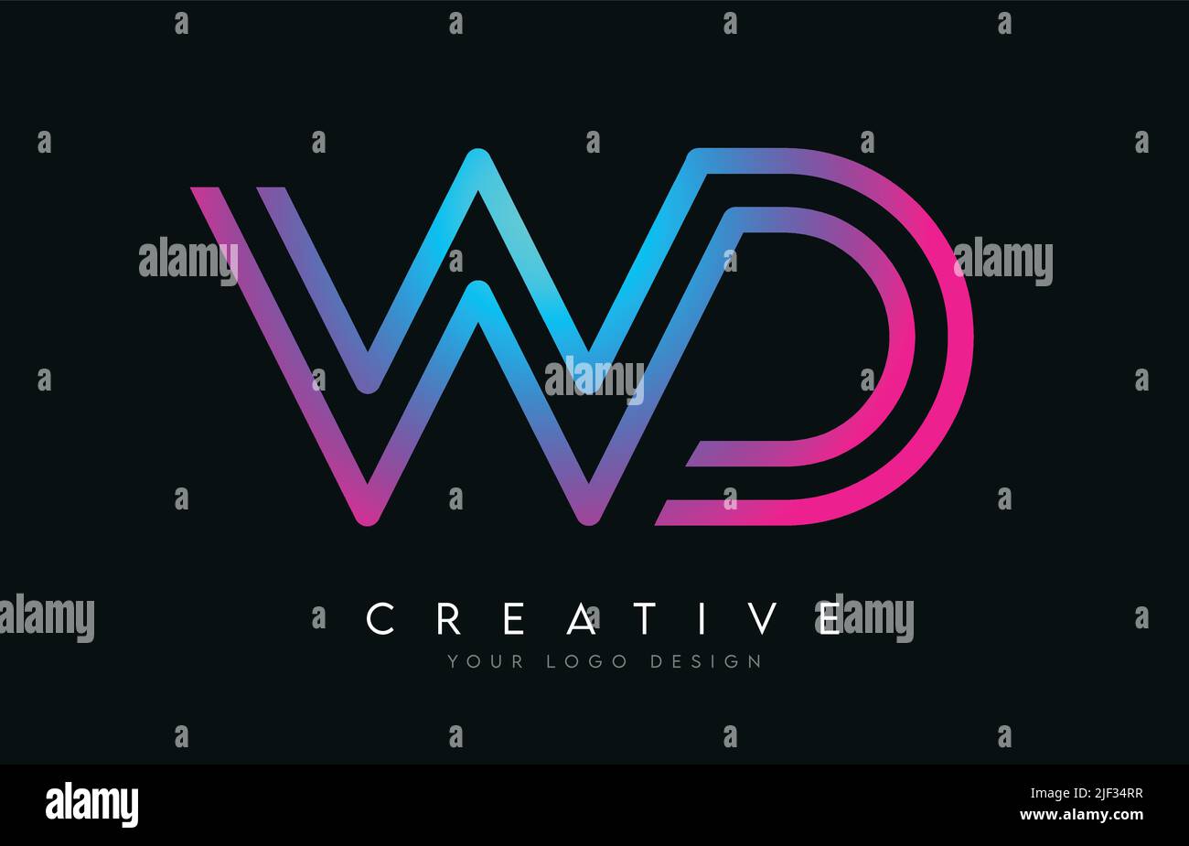 Linee monogramma WD W D Letter Logo Design in colori neon. Illustrazione del logo Creative Modern Letters Vector Icon. Illustrazione Vettoriale