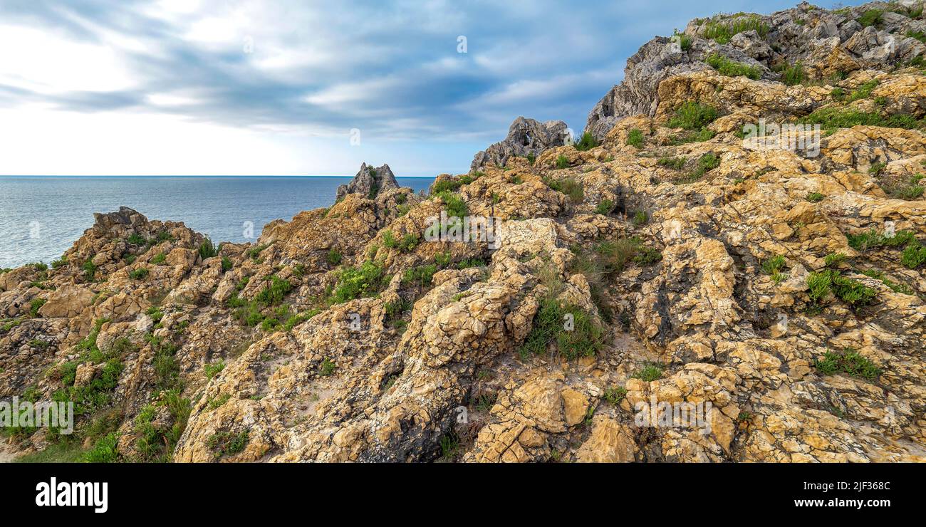 Costa rocciosa, scogliere di Pría, formazione carsica, Bufones de Pría, Paesaggio protetto della costa orientale delle Asturie, Llanes de Pría, Asturie, Spagna, UE Foto Stock