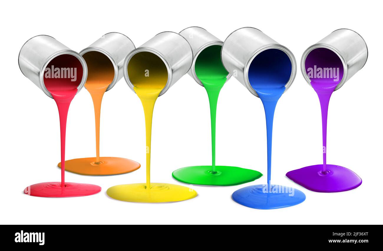 Lattine di metallo nell'aria che colora lo spettro dell'arcobaleno dipinge viola, blu, verde, giallo, arancione, rosso, concetto di diversità Foto Stock
