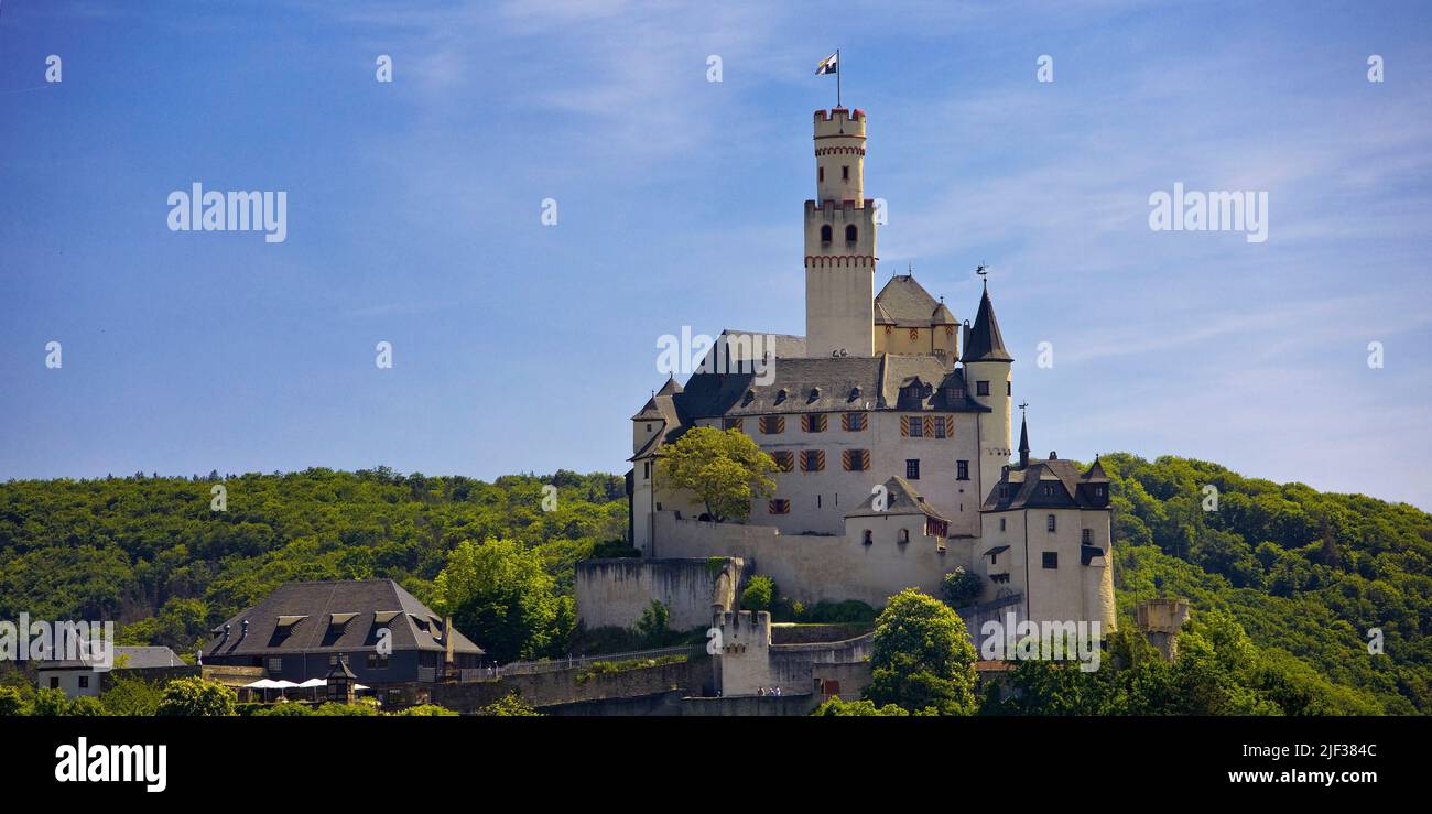 Il castello di Marksburg, l'unico castello medievale sulla collina del Medio Reno che non è mai stato distrutto, Germania, Renania-Palatinato, Braubach Foto Stock