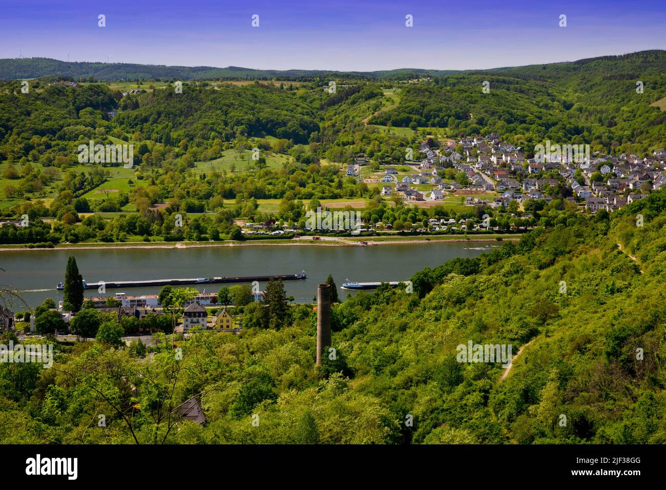 Vista della valle del Reno con Braubach e Brey, patrimonio dell'umanità dell'UNESCO alta Valle del Reno Medio, Germania, Renania-Palatinato, Braubach Foto Stock