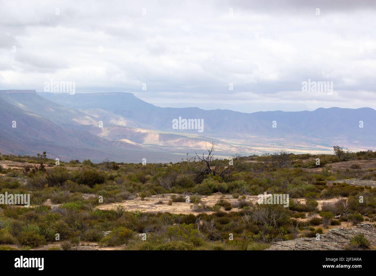 Paesaggio con montagne e nuvole nel Oortologskloof vicino Nieuwoudtville nel Capo Nord del Sud Africa Foto Stock