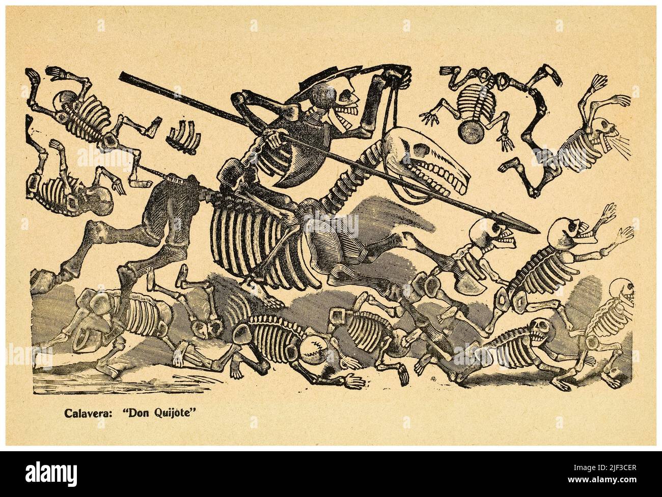 José Guadalupe Posada, lo scheletro di Don Chisciotte, incisione e incisione, 1910-1913 (stampato nel 1943) Foto Stock