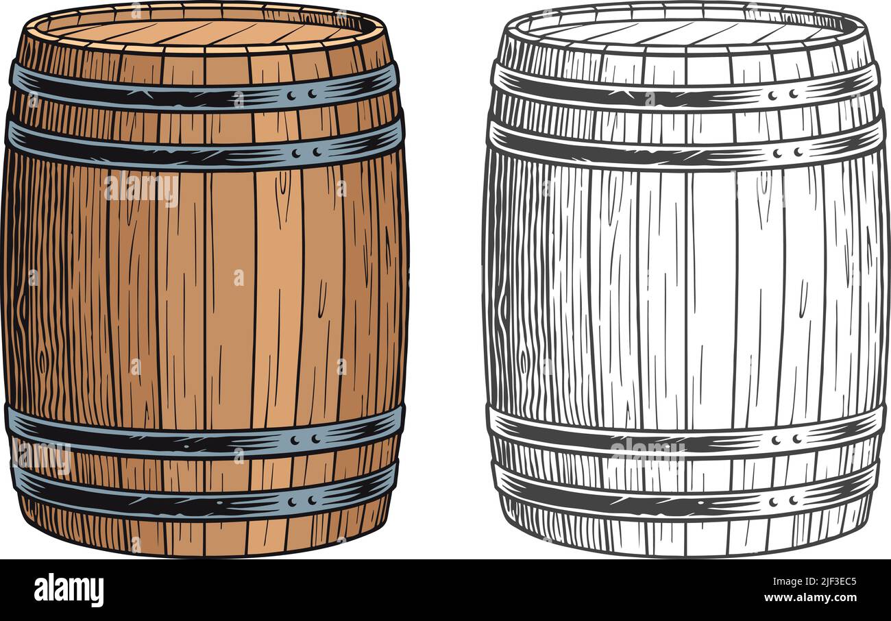 Botti di birra o vino ioslate su sfondo bianco, illustrazione vettoriale stile incisione Illustrazione Vettoriale