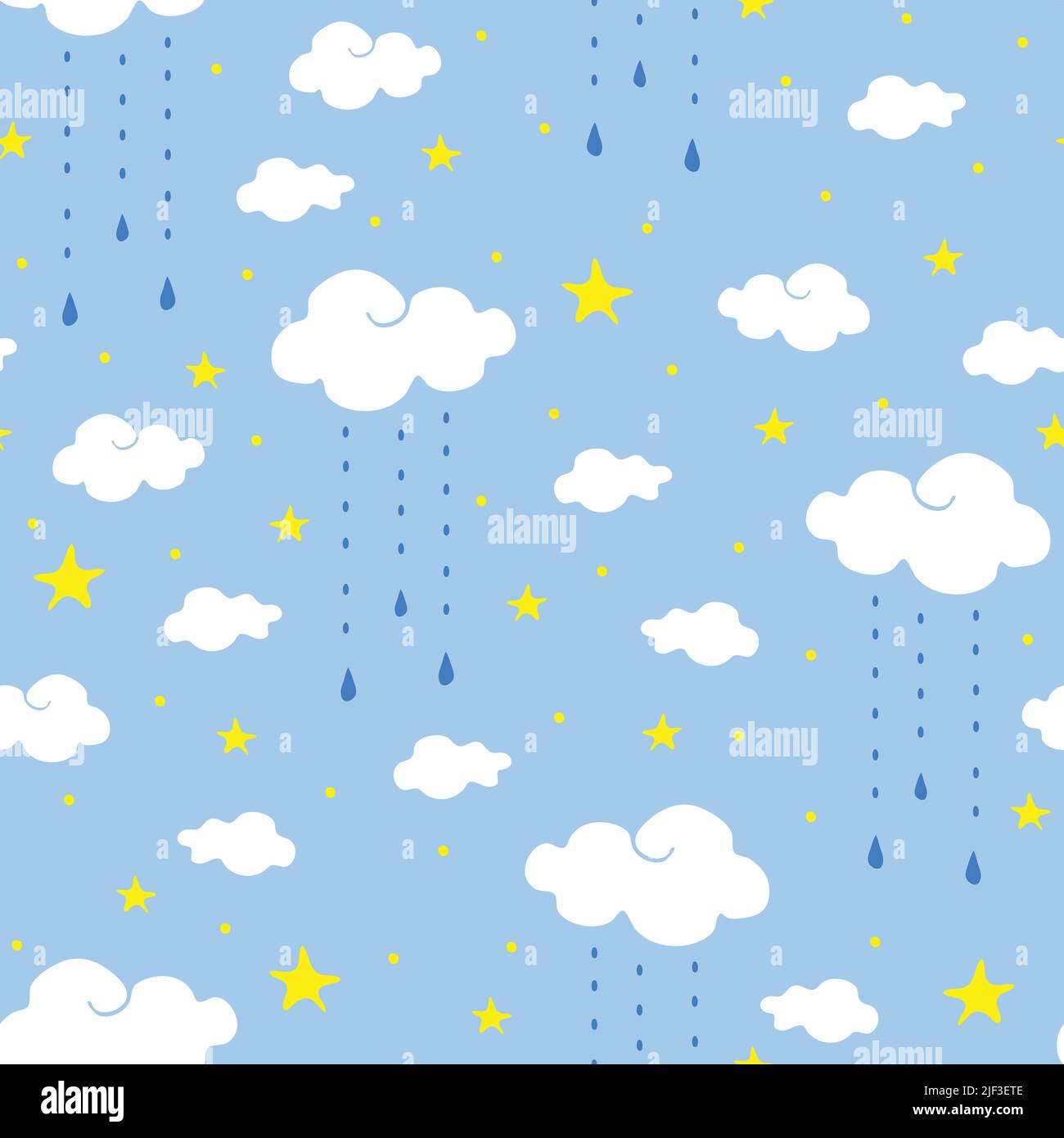 Pattern vettoriale senza giunture con nuvole e stelle su sfondo blu. Semplice doccia bambino tappezzeria design con SKY. Illustrazione Vettoriale
