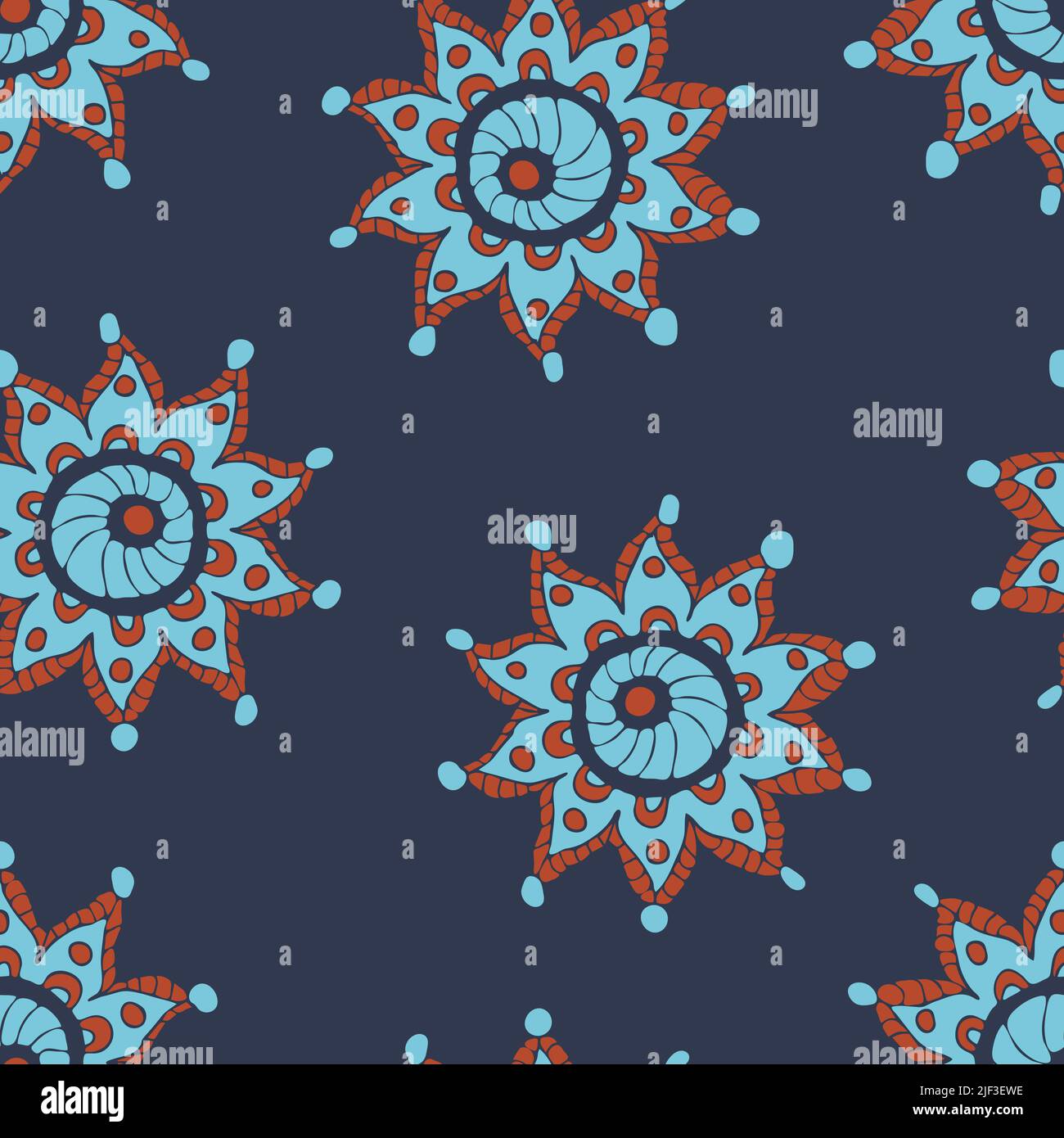 Pattern vettoriale senza giunture con stella zingara astratta su sfondo blu. Semplice fiore fiore carta da parati design. Tessile moda Mandala. Illustrazione Vettoriale