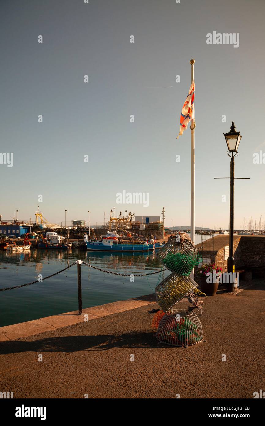 Europa, Regno Unito, Inghilterra, Devon, Torbay, Il porto di Brixham con le barche ormeggiate al nuovo molo che mostra i cestini di aragosta e la bandiera RNLI (Lifeboat) Foto Stock