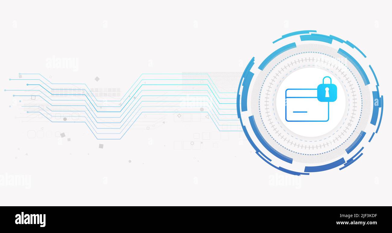 Immagine della rete di connessioni e carta di credito con lucchetto su sfondo bianco Foto Stock