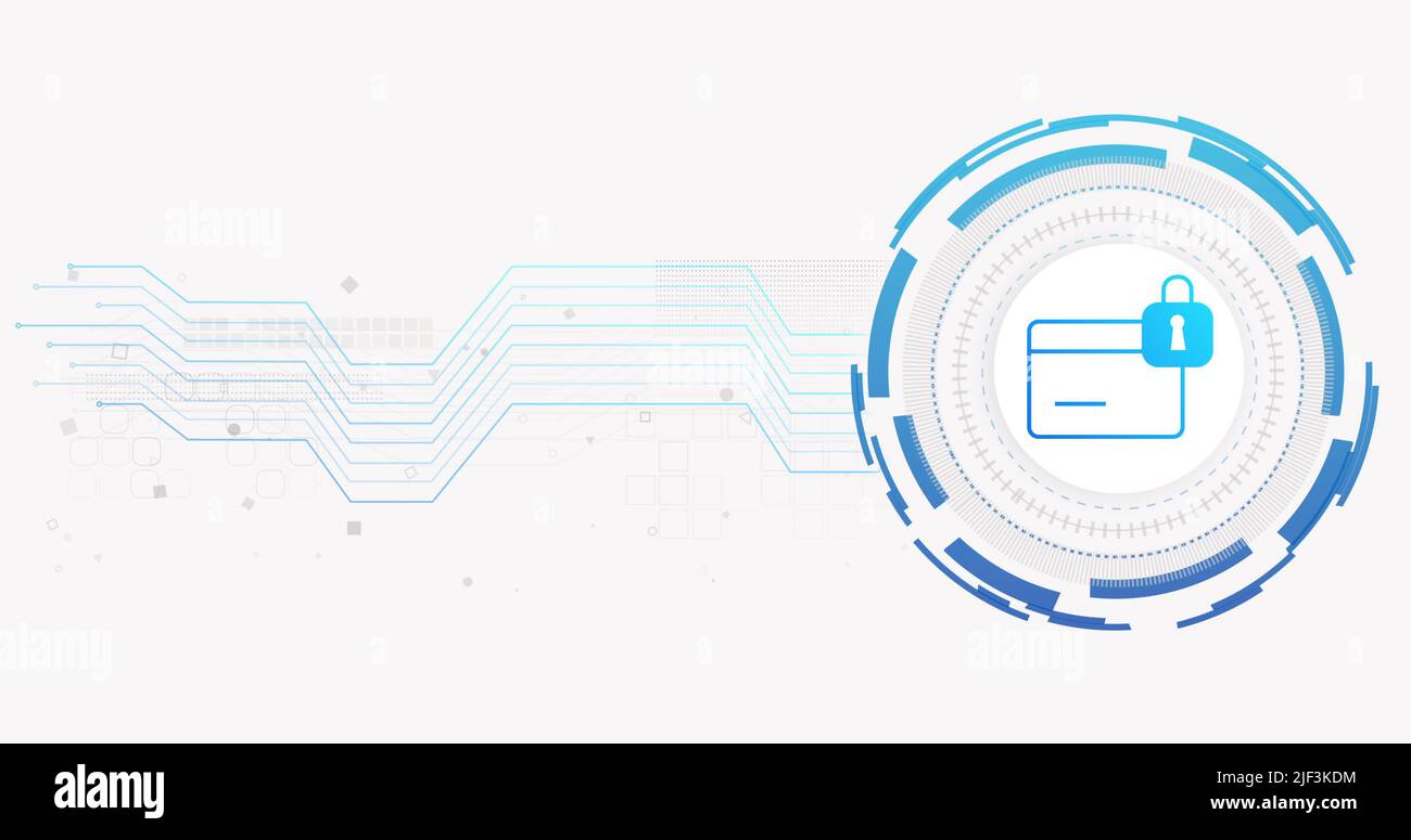 Immagine della rete di connessioni e carta di credito con lucchetto su sfondo bianco Foto Stock