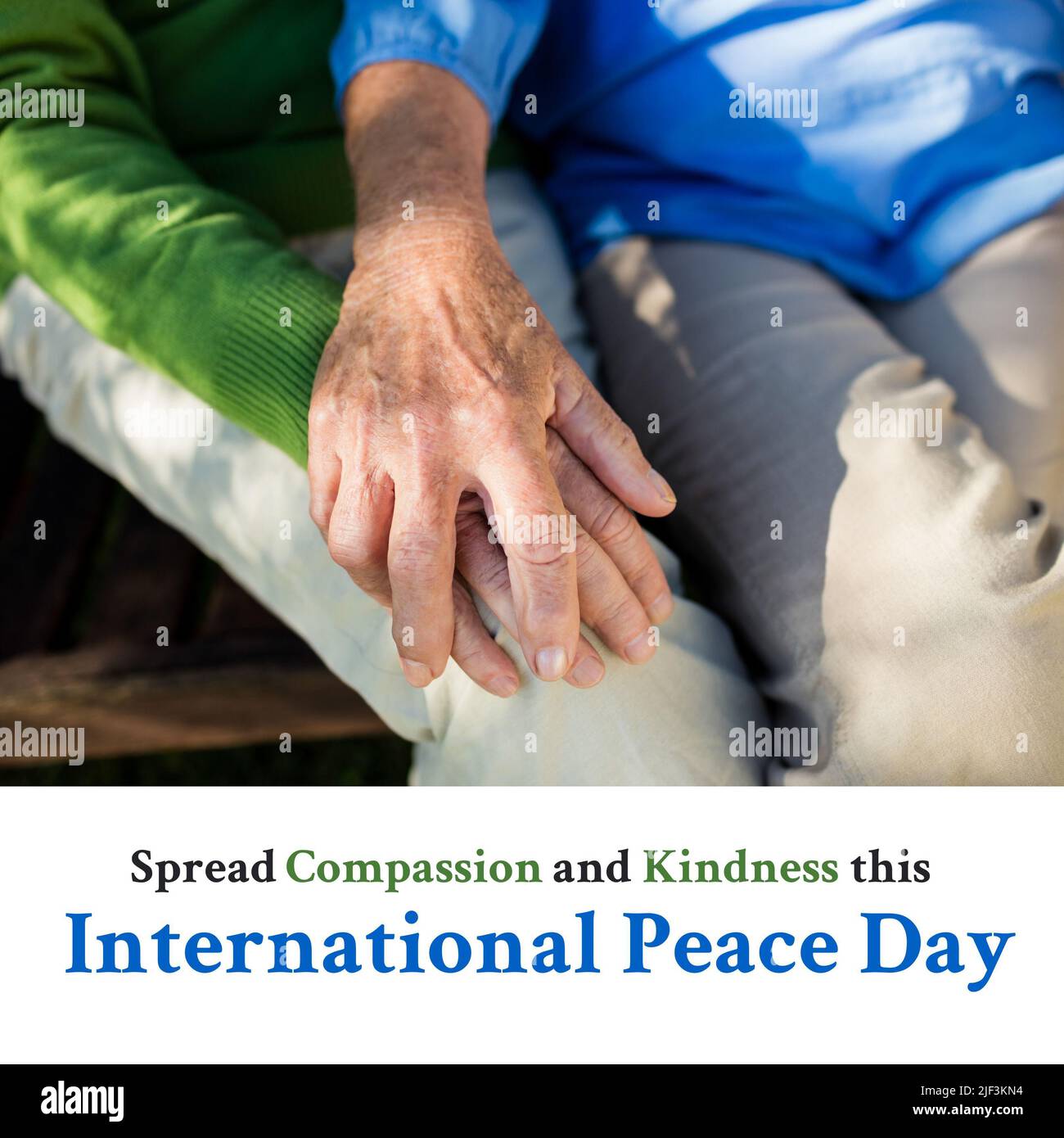 Immagine composita digitale delle mani delle donne anziane caucasiche, testo della giornata internazionale della pace Foto Stock