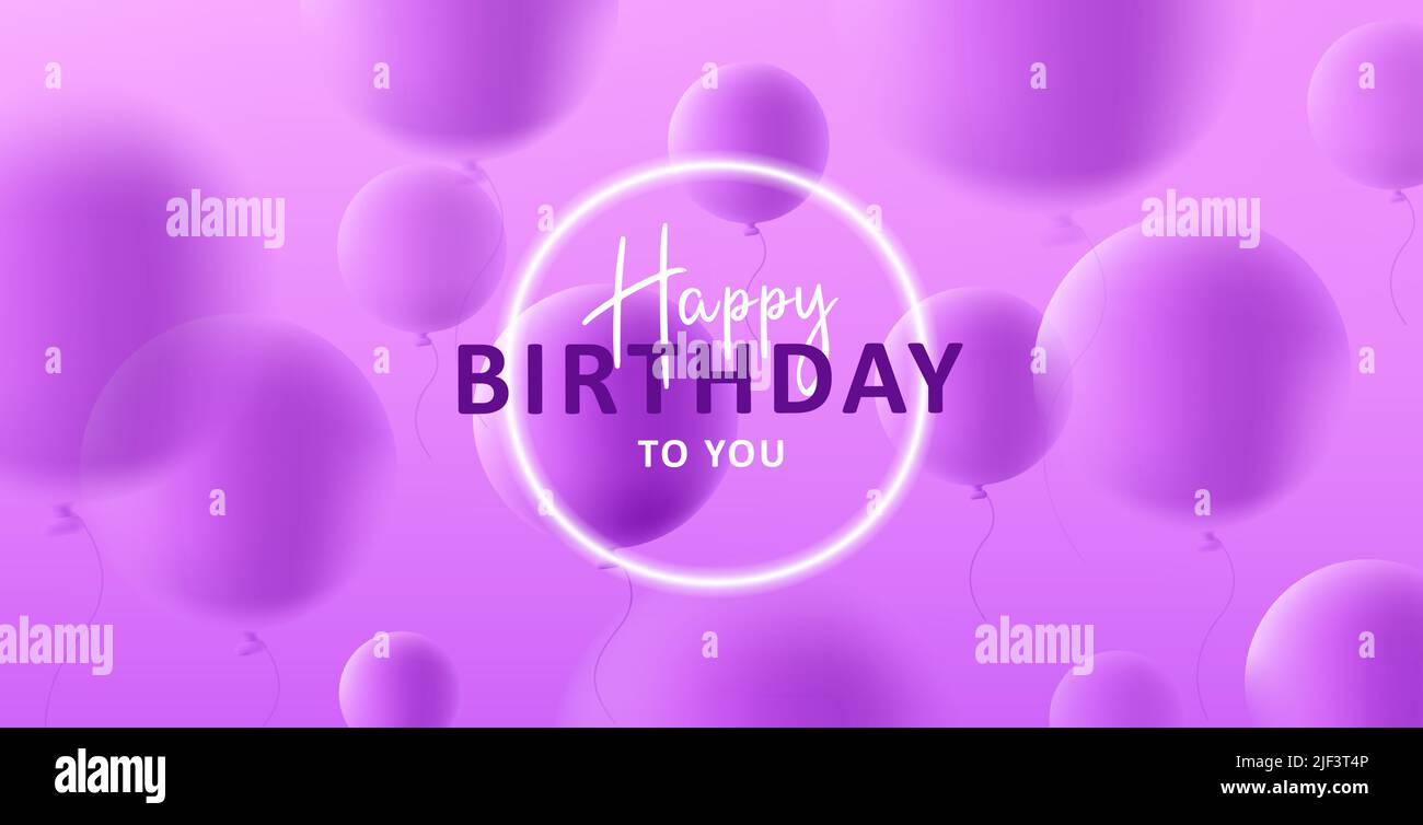 Saluto digitale con compleanno, cerchio luminoso al neon e 3D palloncini rotondi. Illustrazione vettoriale Illustrazione Vettoriale