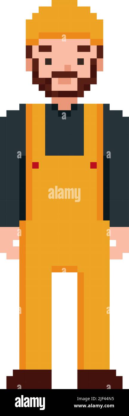 Operatore professionale in uniforme e casco o casco di sicurezza. Carattere pixel art isolato su sfondo bianco. Grafica retrò vintage video game Illustrazione Vettoriale
