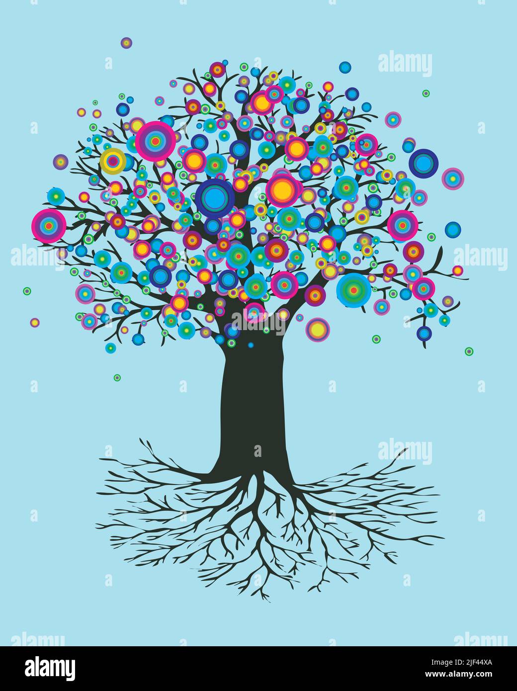 Un'illustrazione vettoriale di un albero della vita con astratto arcobaleno rotondo fiori colorati. Anche ygdrasil. Il bagagliaio è verde scuro. Illustrazione Vettoriale