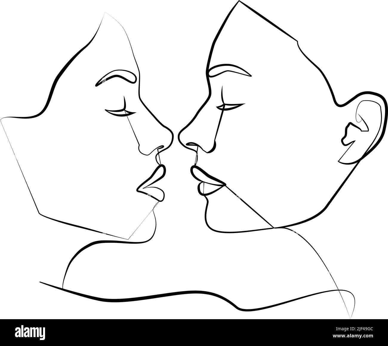 Una linea. Due facce in una linea. Stampa coppia, stampa bacio. Verticale. Faccia. Immagine vettoriale alla moda. Illustrazione Vettoriale