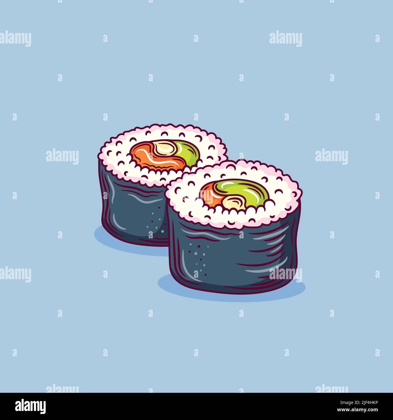 Sushi roll Futomaki contenente carne di salmone, riso al pepe sudore, caviale, avocado, cetriolo su sfondo bianco. Cucina giapponese, cibo tradizionale Illustrazione Vettoriale