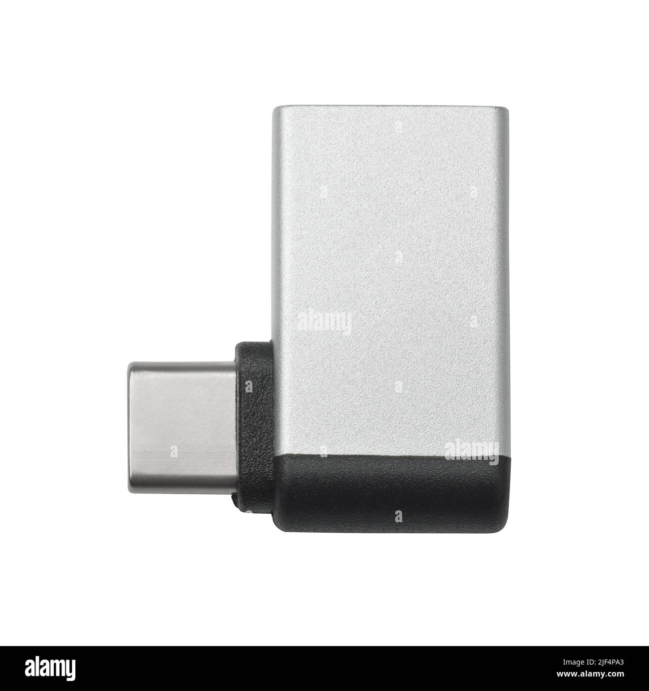 Vista laterale dell'adattatore angolare USB tipo C a USB OTG isolato su bianco Foto Stock