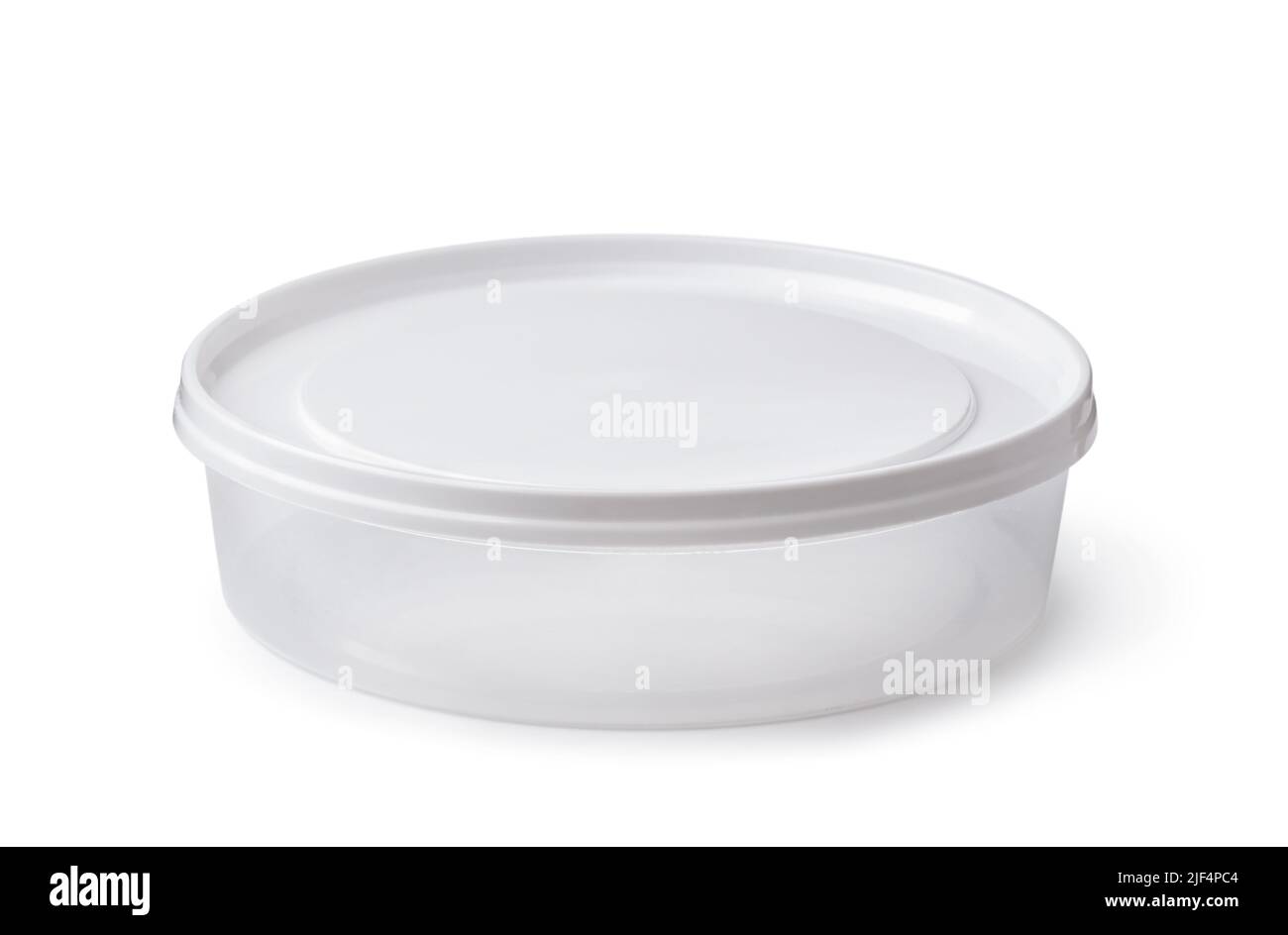 Contenitore monouso vuoto rotondo in plastica per alimenti isolato su bianco Foto Stock
