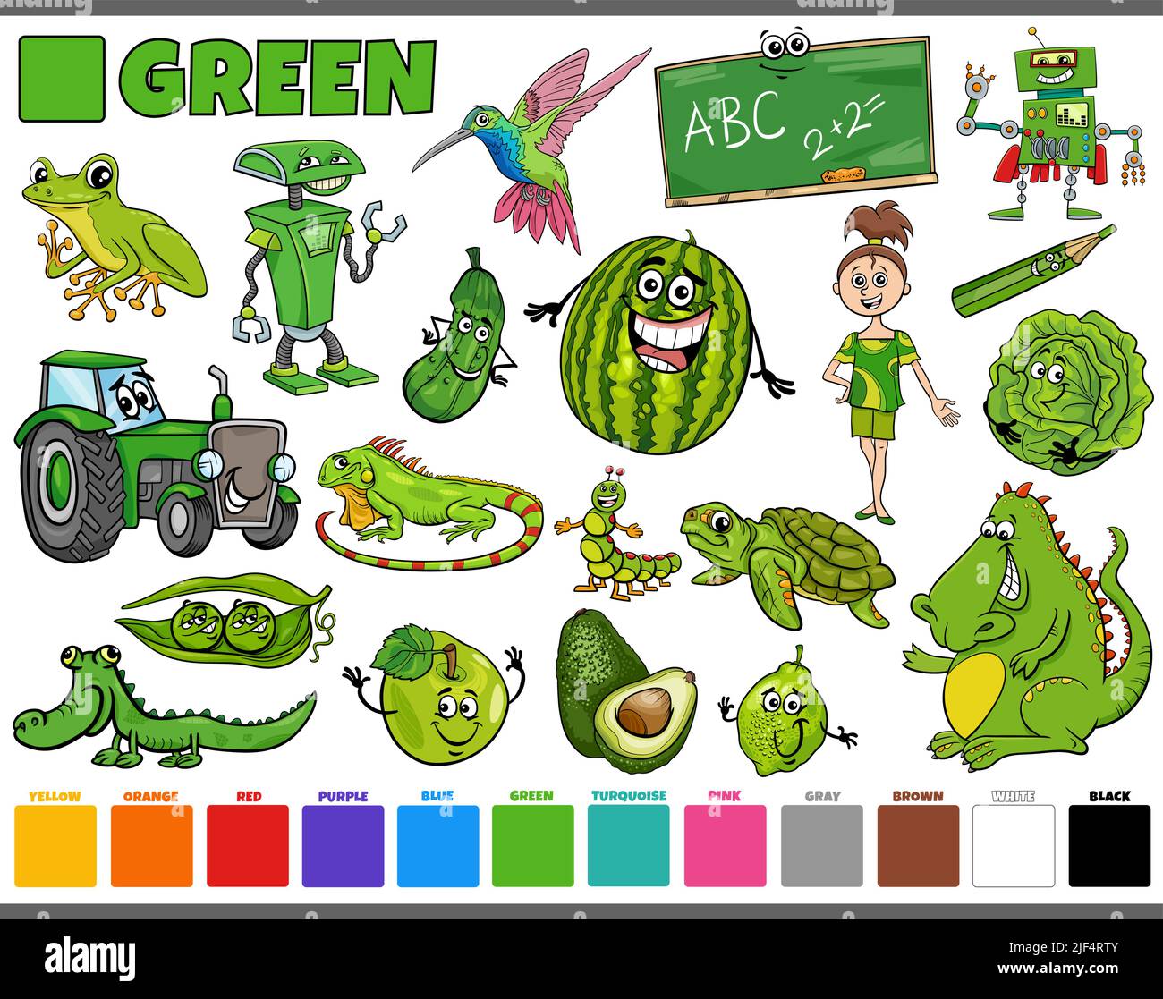 Illustrazione di cartoni animati con personaggi fumetti come persone e animali o oggetti in verde Illustrazione Vettoriale