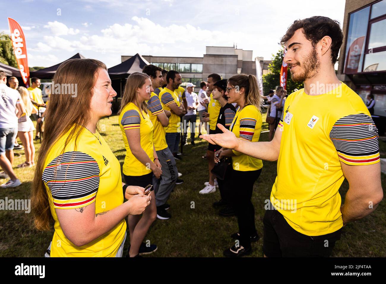 L'illustrazione mostra la presentazione di squadra del Comitato Olimpico belga BOIC - COIB in vista della manifestazione sportiva dei Giochi del mondo 2022, mercoledì 29 giugno 2022 a Bruxelles. I Giochi del mondo saranno organizzati a Birmingham (Alabama), Stati Uniti, dal 07 al 17 luglio e sono un evento internazionale multisport, destinato a sport, o discipline o eventi all'interno di uno sport, che non sono stati contesi nei Giochi Olimpici. BELGA FOTO JAMES ARTHUR GEKIERE Foto Stock