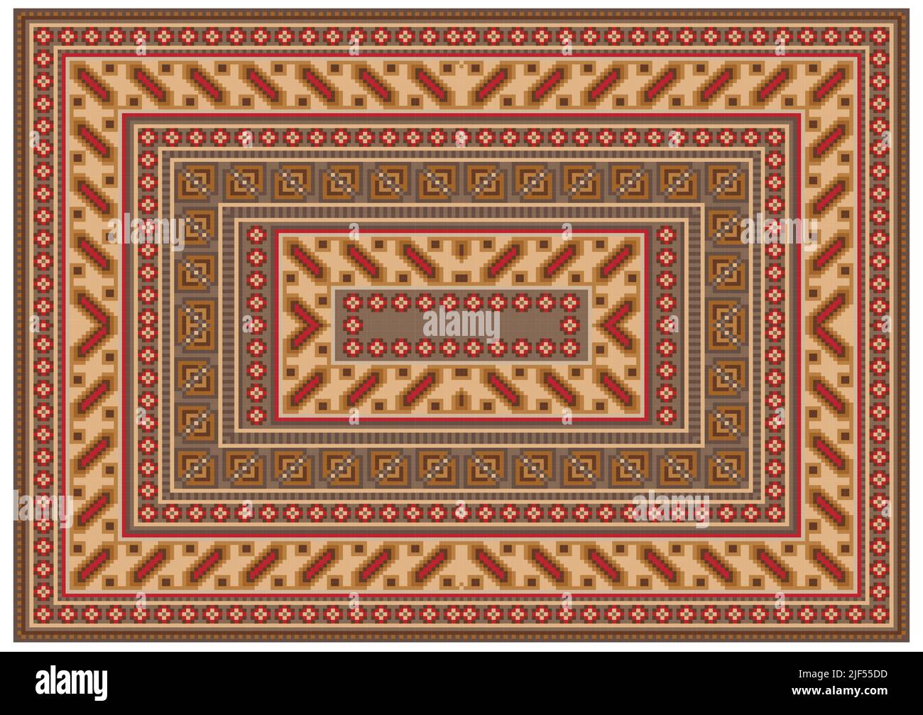 Tappeto originale vintage in tonalità di marrone con un bordo a motivi geometrici e un centro grigio con bordi a motivi di rosa, rosso e marrone su una ba bianca Illustrazione Vettoriale