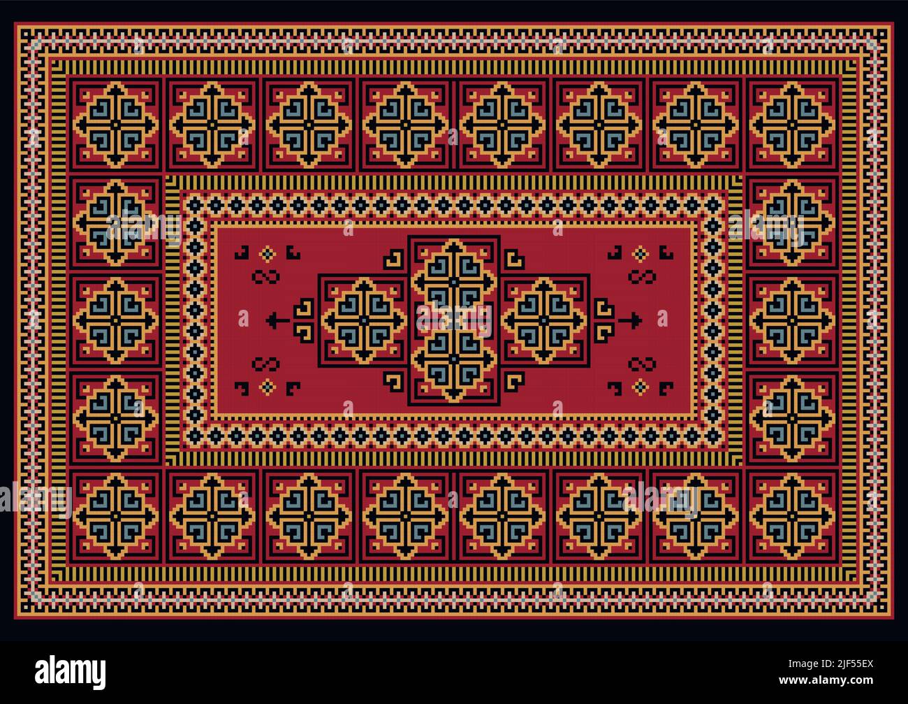 Motivo di un tappeto vintage in toni rossi con un bordo a motivi geometrici e un centro rosso con rombo a motivi geometrici in rosa, nero e blu su uno sfondo nero Illustrazione Vettoriale