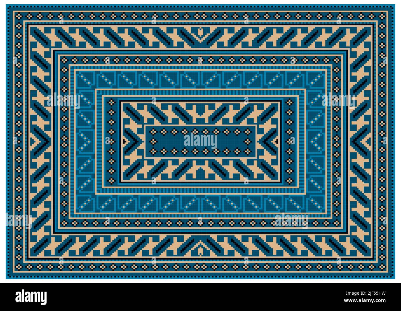 Tappeto semplice in tonalità di blu con un bordo a motivi geometrici e un centro blu con un bordo a motivi geometrici di motivi bluastri, neri e beige chiaro su un bianco Illustrazione Vettoriale