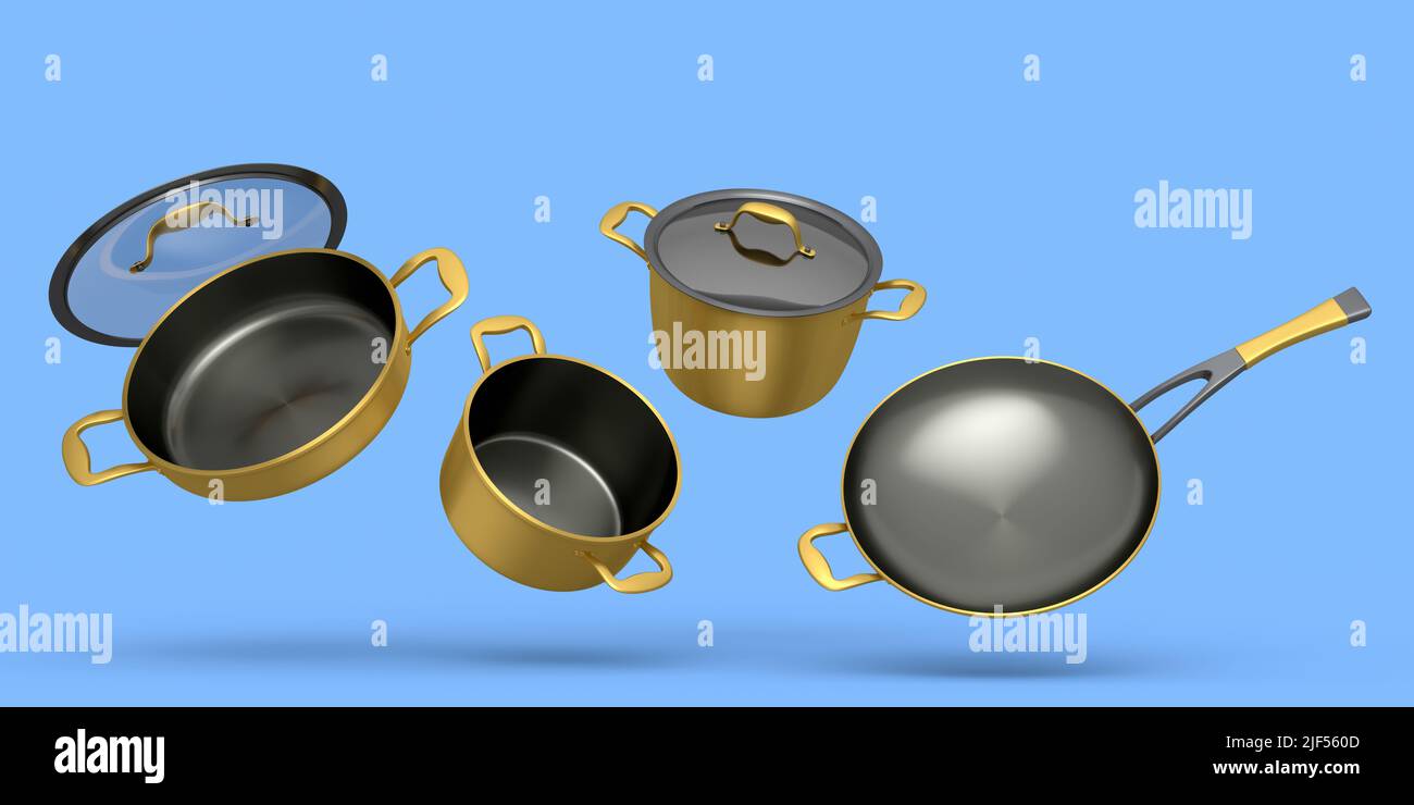 Set di pentole volanti, padella e pentole cromate su sfondo blu Foto Stock