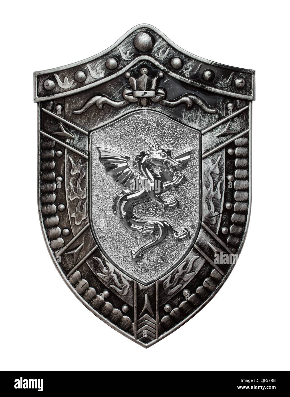 Knights Armor Shield con un Dragon Cut out su bianco. Foto Stock