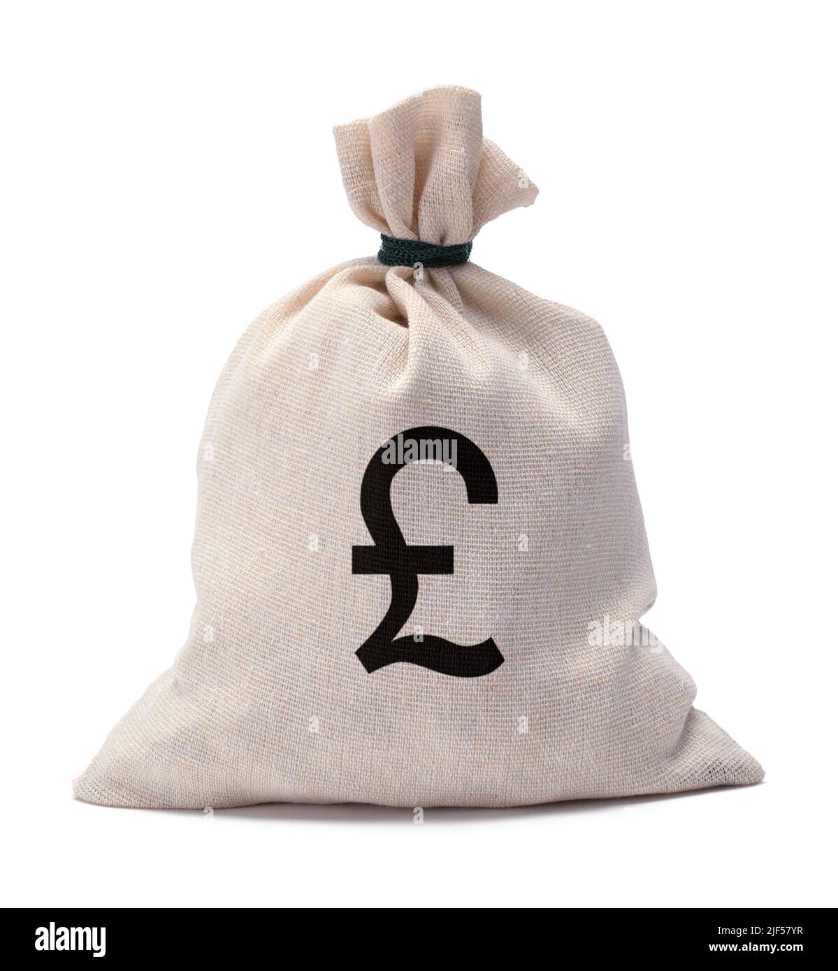 Borsa Money Bag con sterlina inglese simbolo Cut out su bianco. Foto Stock