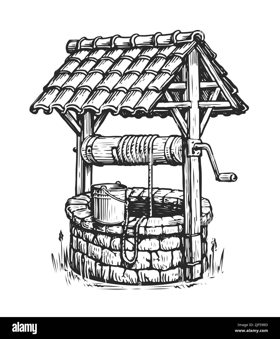Pozzo rustico in pietra con secchio e acqua potabile. Disegno a mano in stile vintage. Illustrazione vettoriale Illustrazione Vettoriale