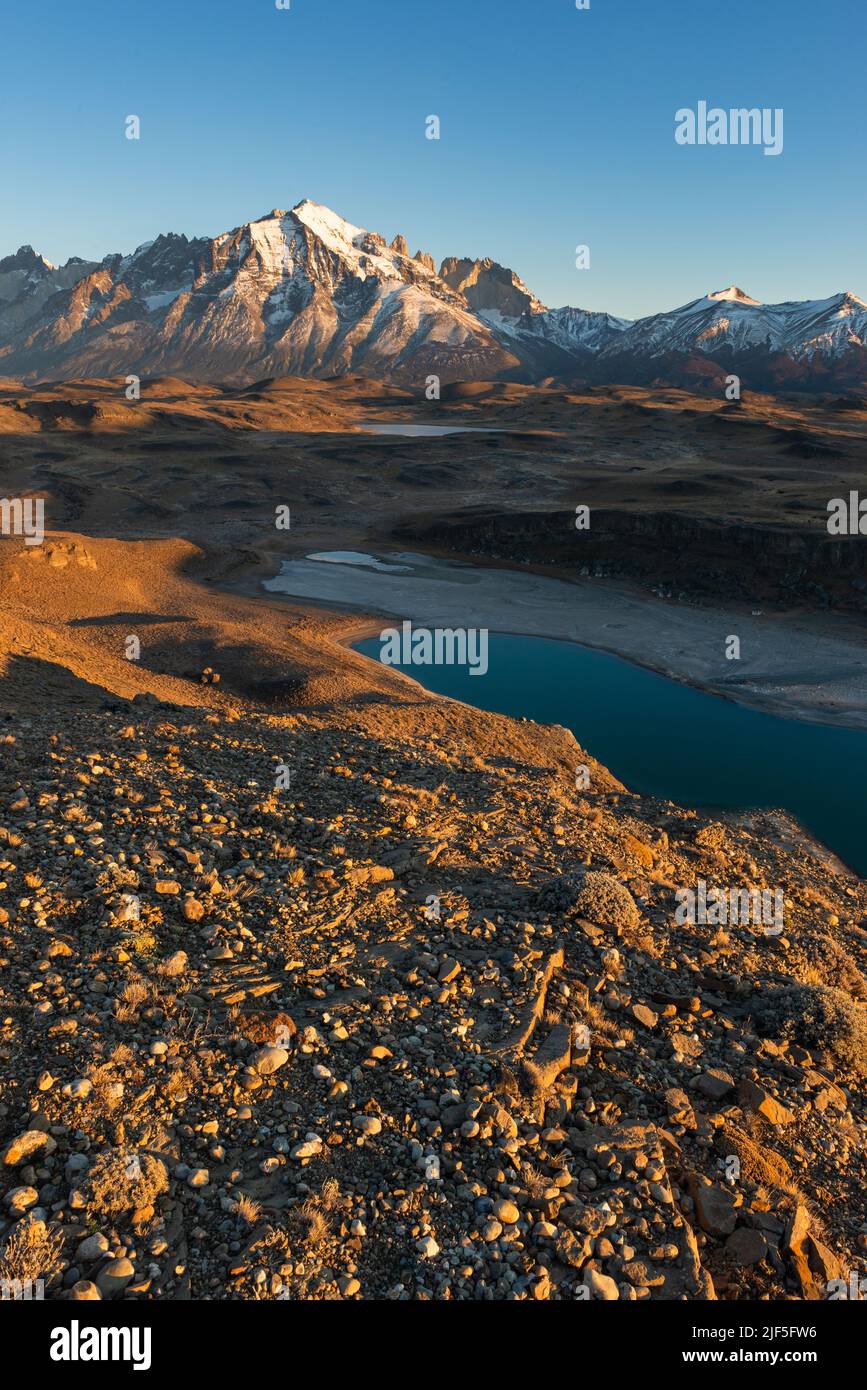 Paesaggio del Parco Nazionale Torres del Paine con Laguna Goic in primo piano Foto Stock