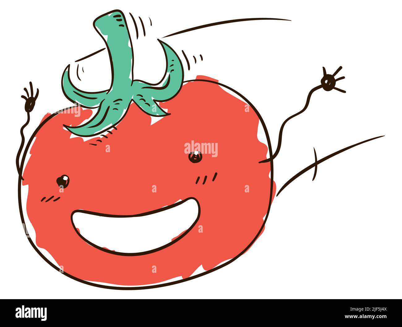 Carino scarabocchio di sorridente personaggio di pomodoro volante con braccia e linee di velocità. Illustrazione Vettoriale