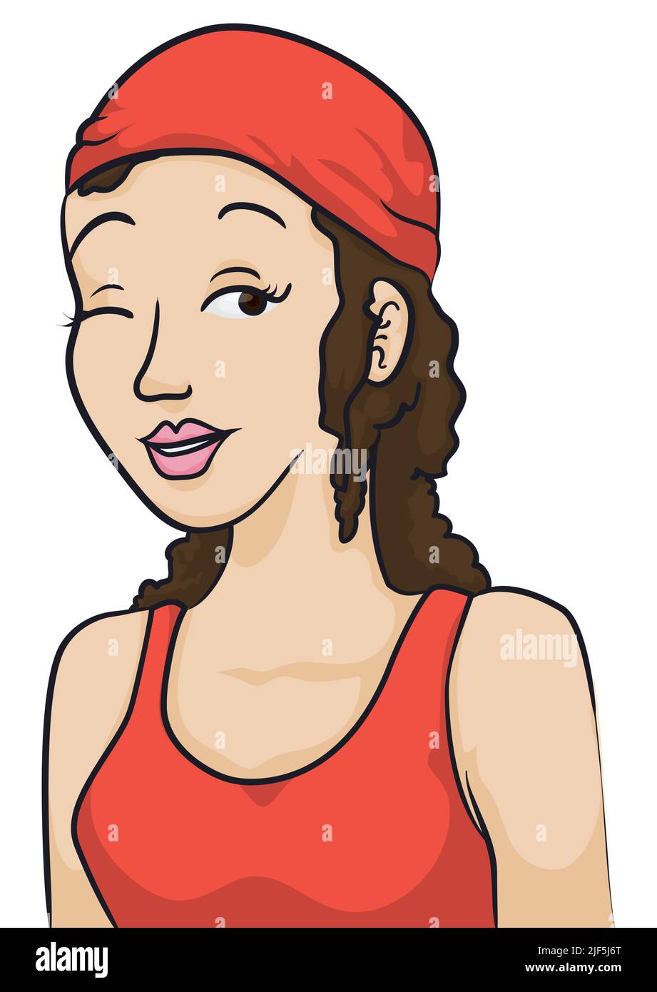 Ritratto di giovane ragazza che indossa una bandana rossa e blusa, che ti avvolse in stile cartone animato. Illustrazione Vettoriale