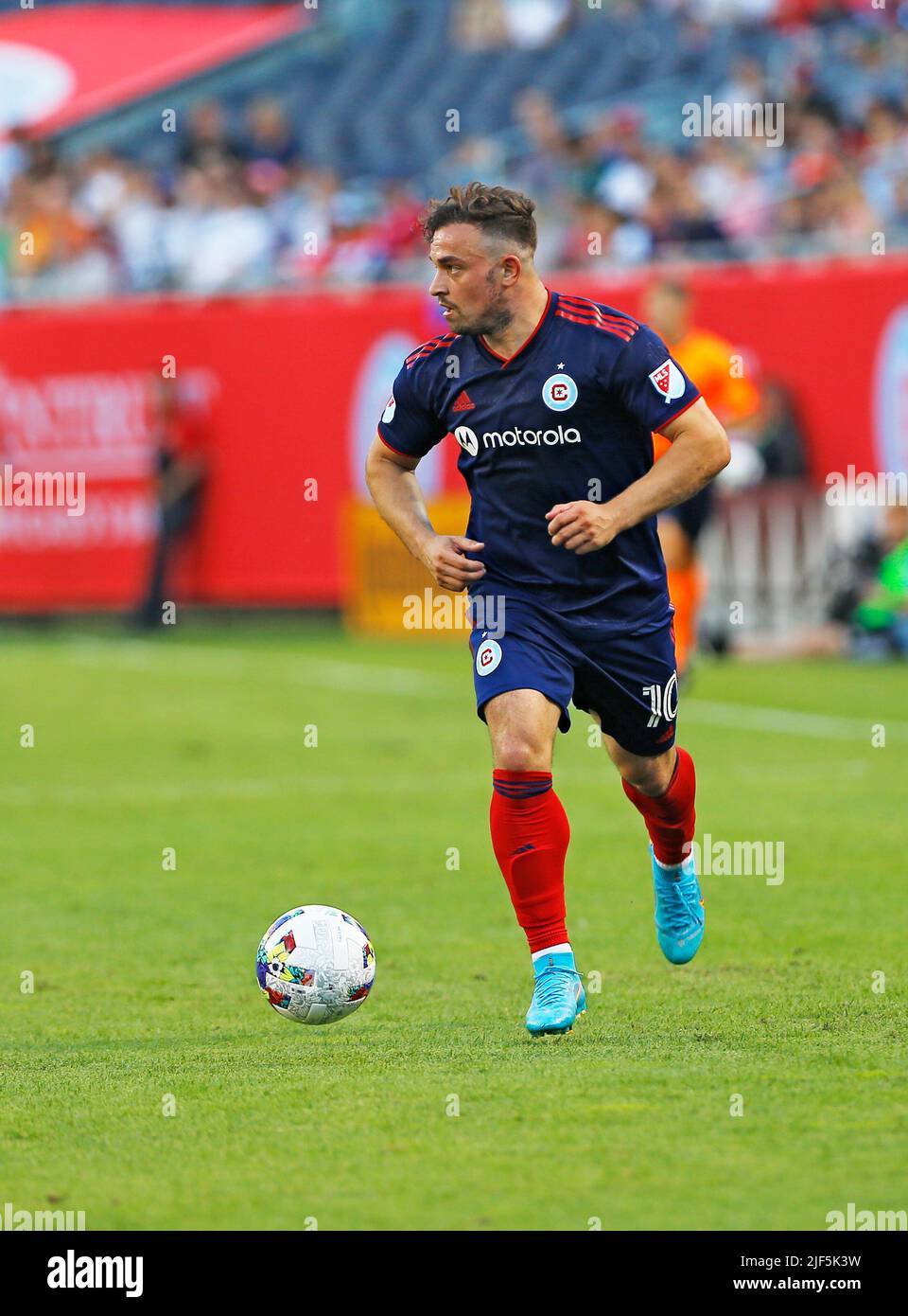 Chicago, USA, 29 giugno 2022. Xherdan Shaqiri (10) di MLS Chicago Fire FC gestisce la palla durante una partita contro la Philadelphia Union al Soldier Field di Chicago, il, USA. Credit: Tony Gadomski / All Sport Imaging / Alamy Live News Foto Stock