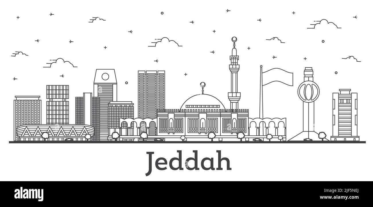 Profilo Jeddah Saudi Arabia City Skyline con edifici moderni e storici isolati su White. Illustrazione vettoriale. Paesaggio urbano di Jeddah con punti di riferimento. Illustrazione Vettoriale
