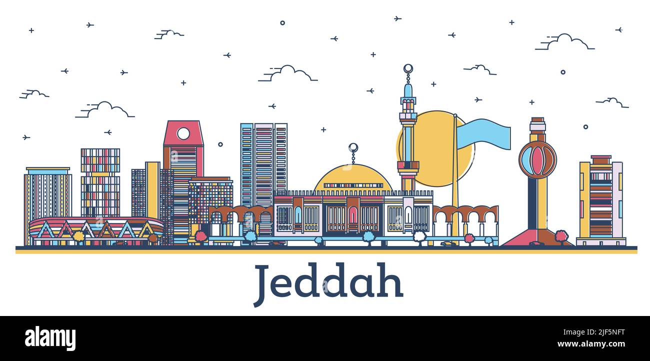 Profilo Jeddah Saudi Arabia City Skyline con colorati edifici moderni e storici isolati su bianco. Illustrazione vettoriale. Paesaggio urbano di Jeddah. Illustrazione Vettoriale