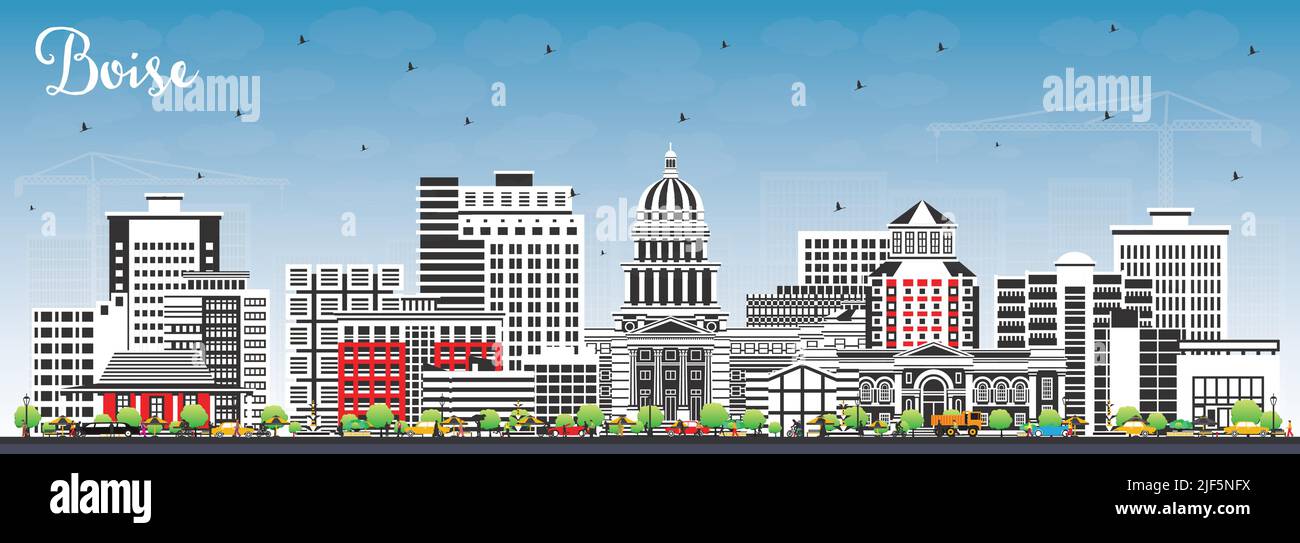 Boise Idaho City Skyline con edifici a colori e Blue Sky. Illustrazione vettoriale. Boise USA città con punti di riferimento. Illustrazione Vettoriale