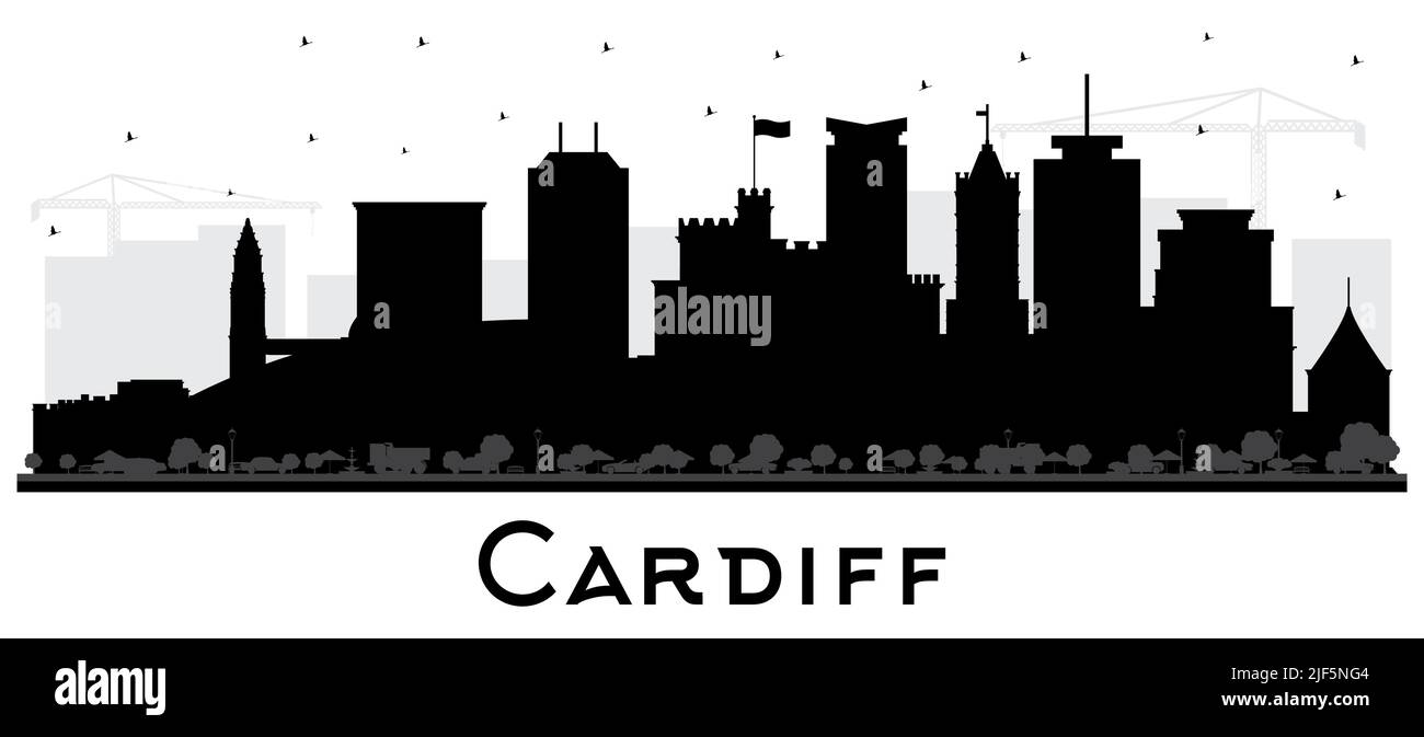 Cardiff Wales City Skyline Silhouette con edifici neri isolati su White. Illustrazione vettoriale. Cardiff Regno Unito paesaggio urbano con punti di riferimento. Illustrazione Vettoriale