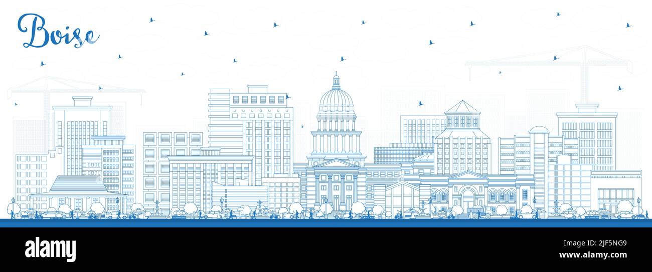 Delineate lo skyline di Boise Idaho City con edifici blu. Illustrazione vettoriale. Boise USA città con punti di riferimento. Illustrazione Vettoriale