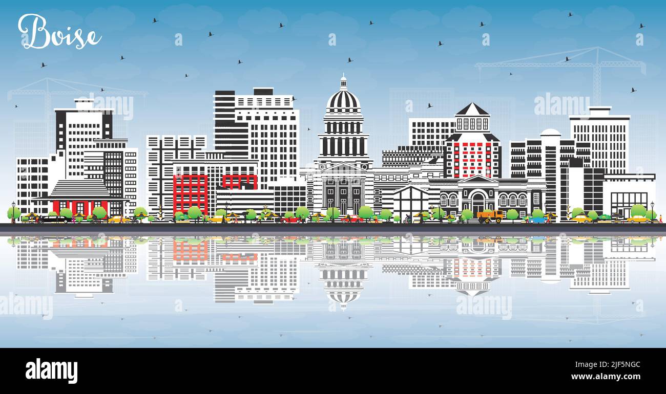 Boise Idaho City Skyline con edifici a colori, cielo blu e riflessi. Illustrazione vettoriale. Boise USA città con punti di riferimento. Illustrazione Vettoriale