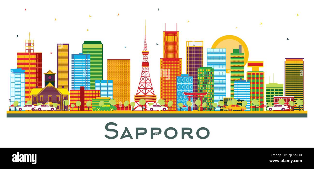 Sapporo Japan City Skyline con edifici a colori isolati su White. Illustrazione vettoriale. Concetto di viaggio d'affari e di turismo con architettura moderna. Illustrazione Vettoriale