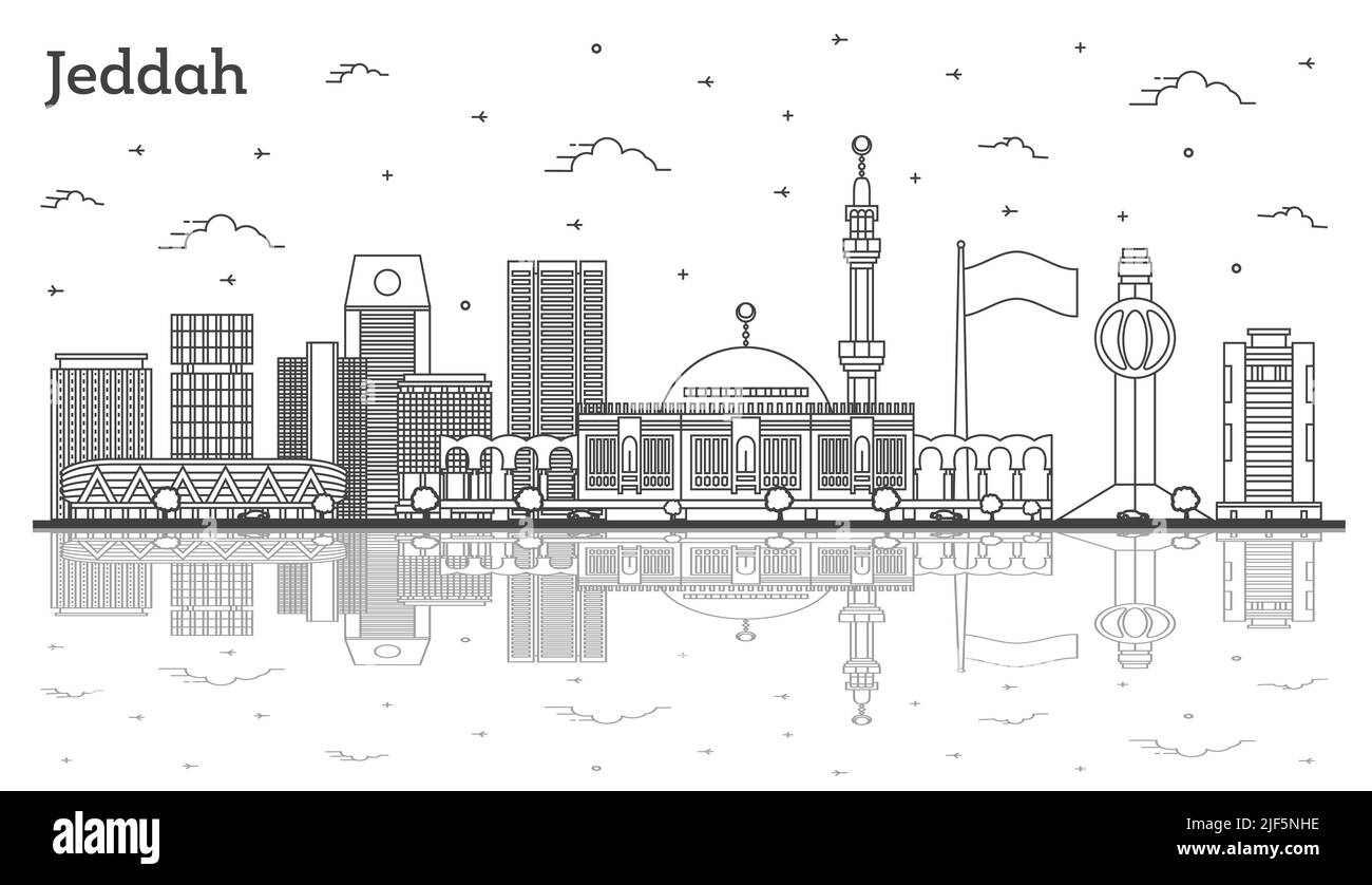 Profilo Jeddah Saudi Arabia City Skyline con edifici moderni e riflessi isolati su bianco. Illustrazione vettoriale. Paesaggio urbano di Jeddah. Illustrazione Vettoriale